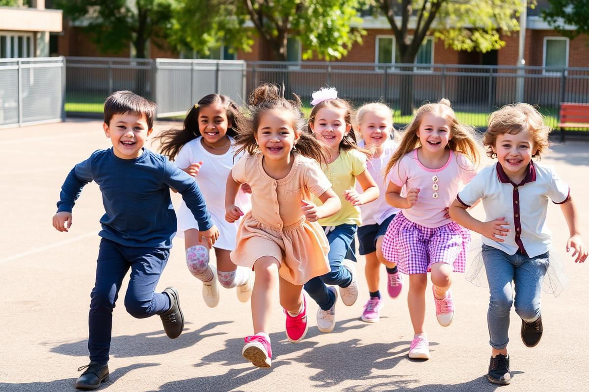 Children of different ages playing together on a school playground
