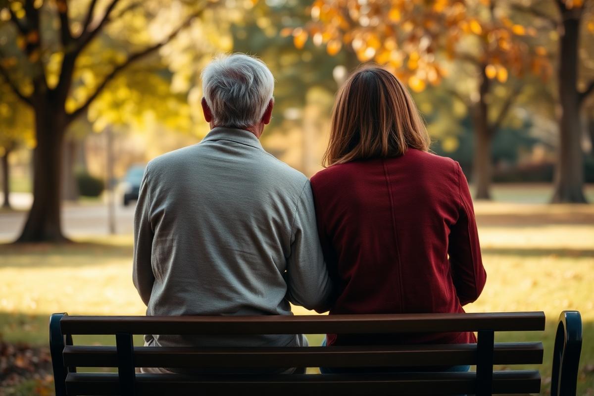 Couple sitting together on a park bench in autumn