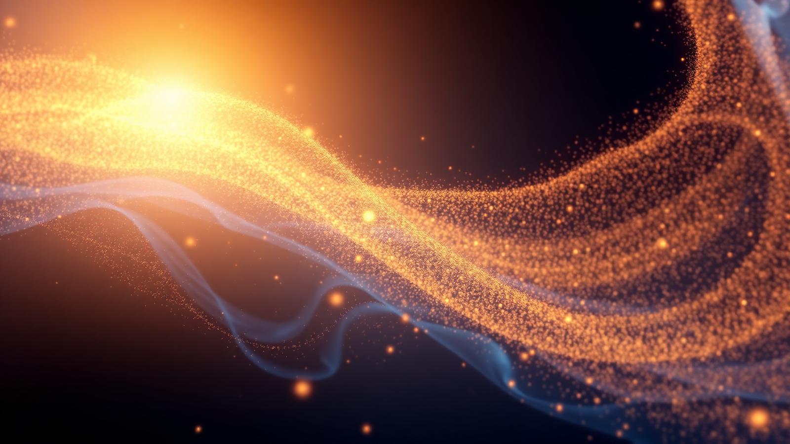 Abstract flowing golden particles streaming through deep blue space, evoking the passage of time