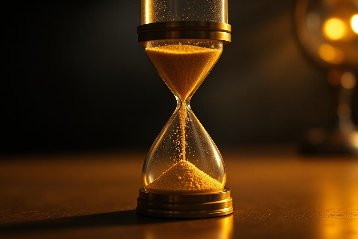 A brass hourglass with glowing golden sand falling, lit warmly against a dark background