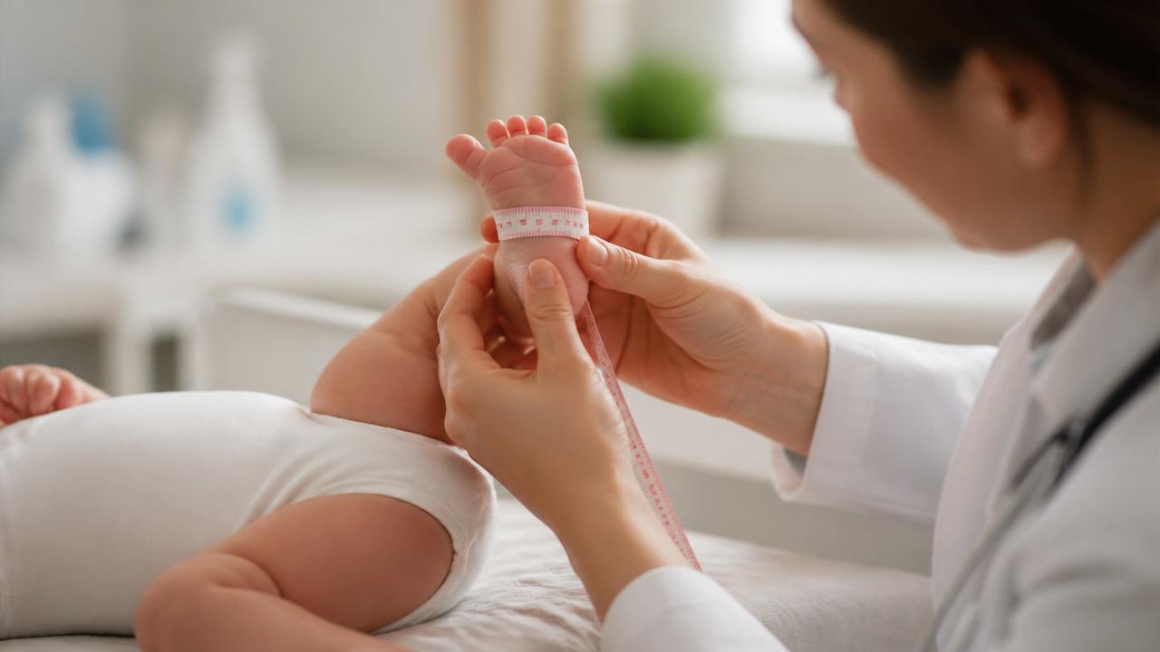 Paediatrician gently measuring a small infant's foot with a soft measuring tape in a bright clinic