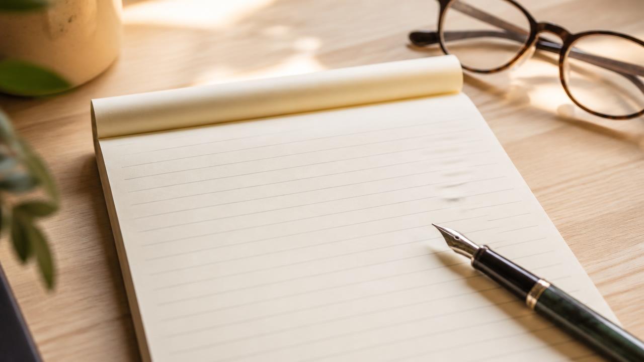Blank ruled notepad, fountain pen and reading glasses on a wooden desk in daylight
