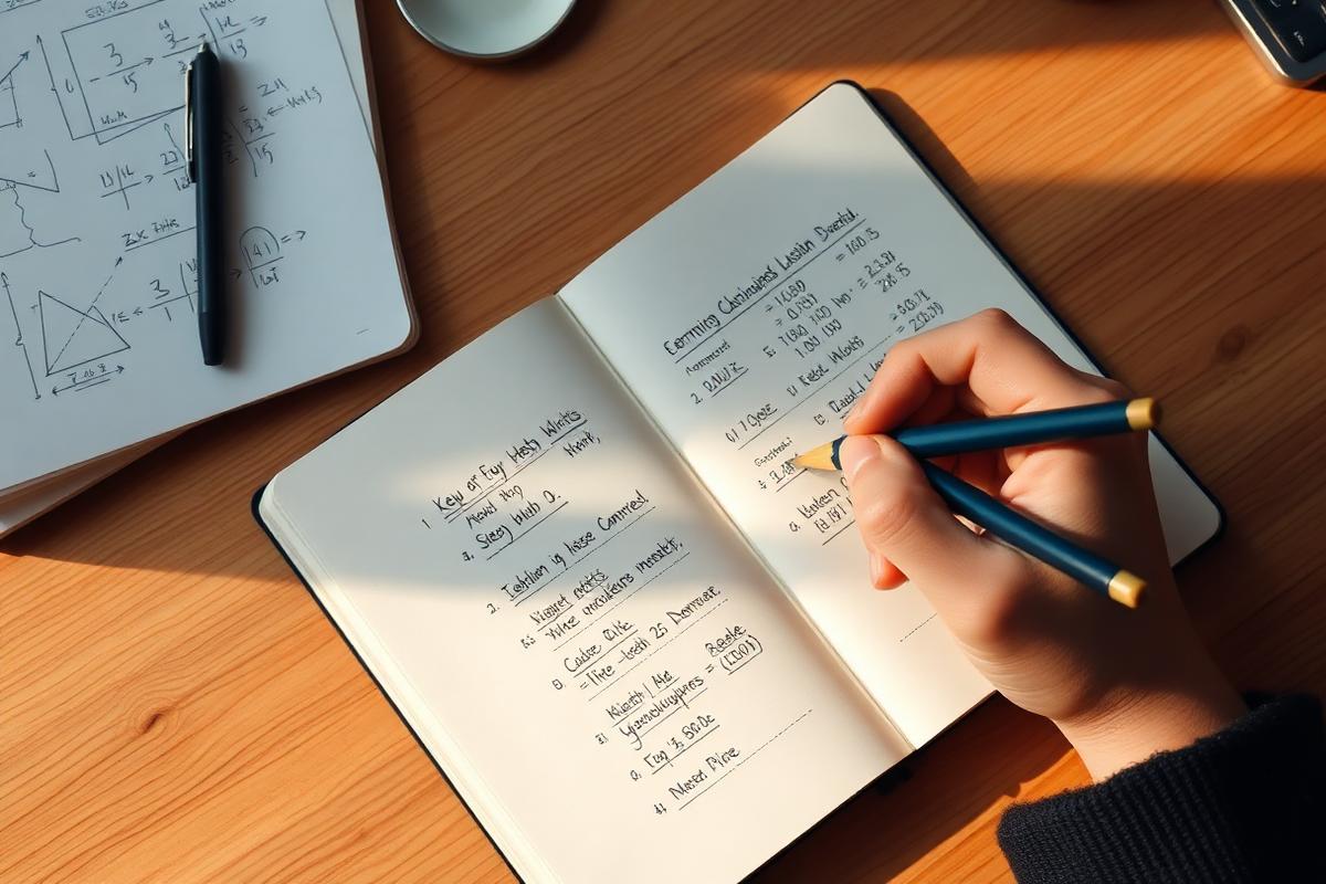 Hand writing calculations in a notebook
