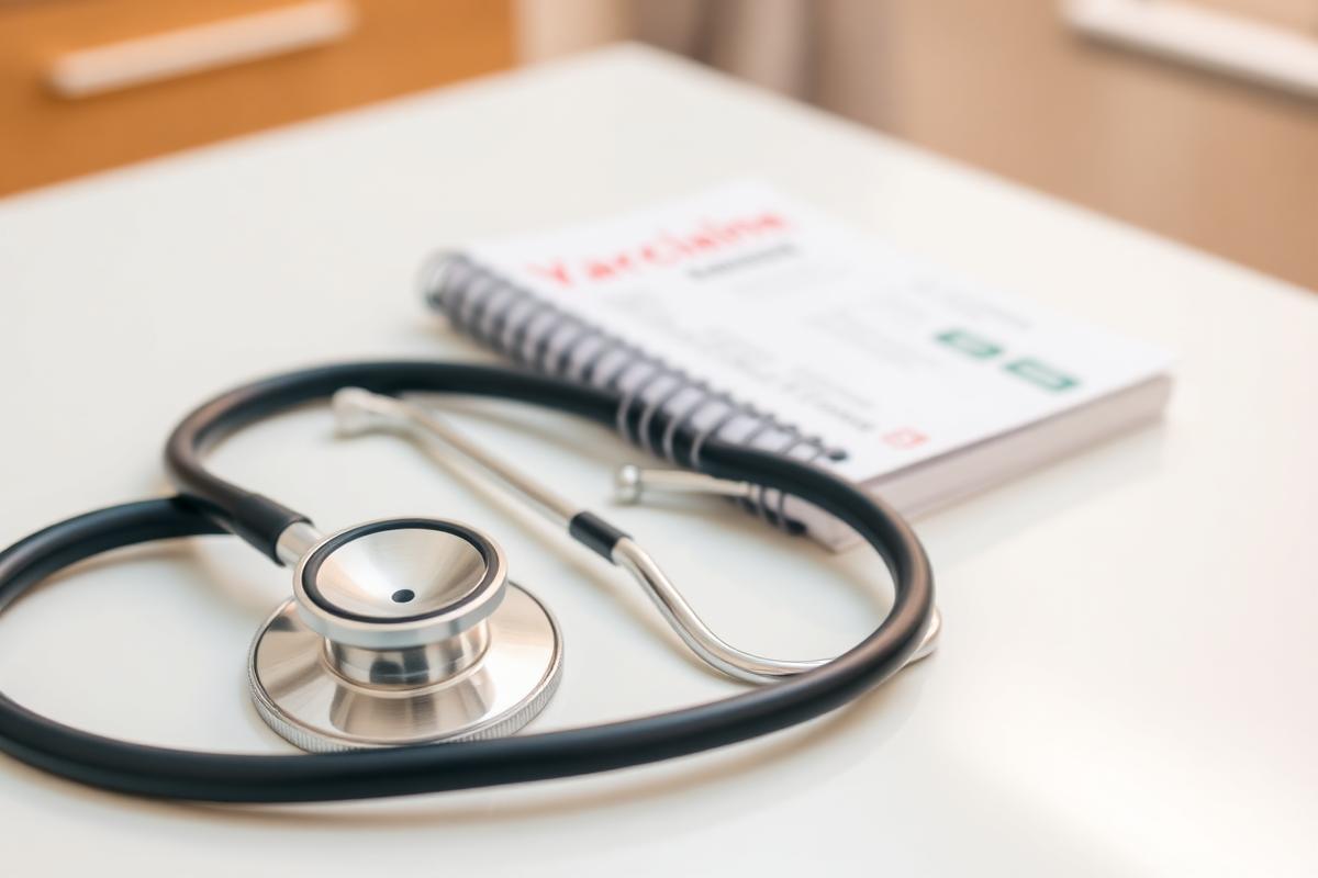 Stethoscope next to medical records on a desk