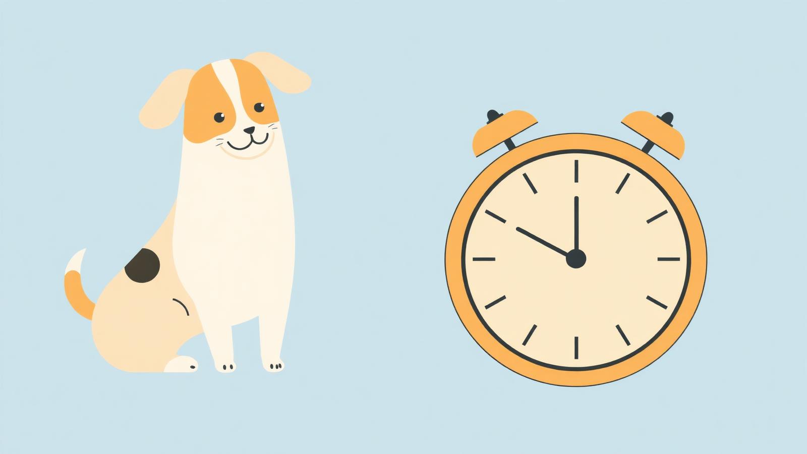Illustration of a friendly dog next to a stylized clock representing the passage of time
