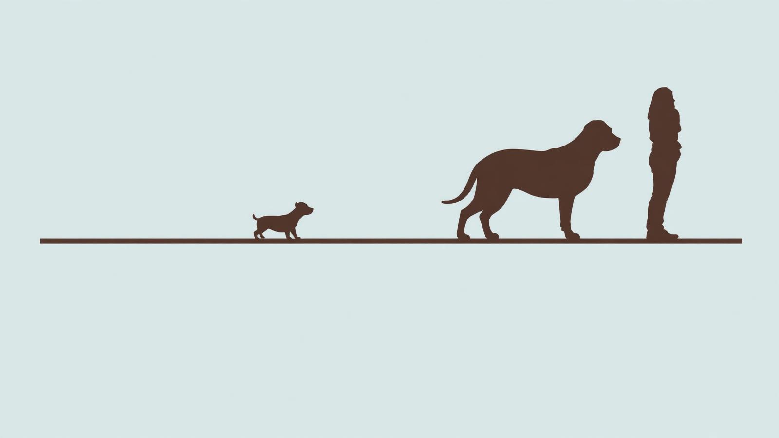 Silhouettes of a puppy, an adult dog, and a human aligned along a horizontal timeline