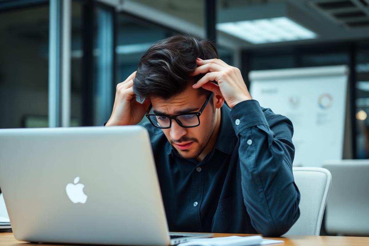 Person frustrated while working on a laptop