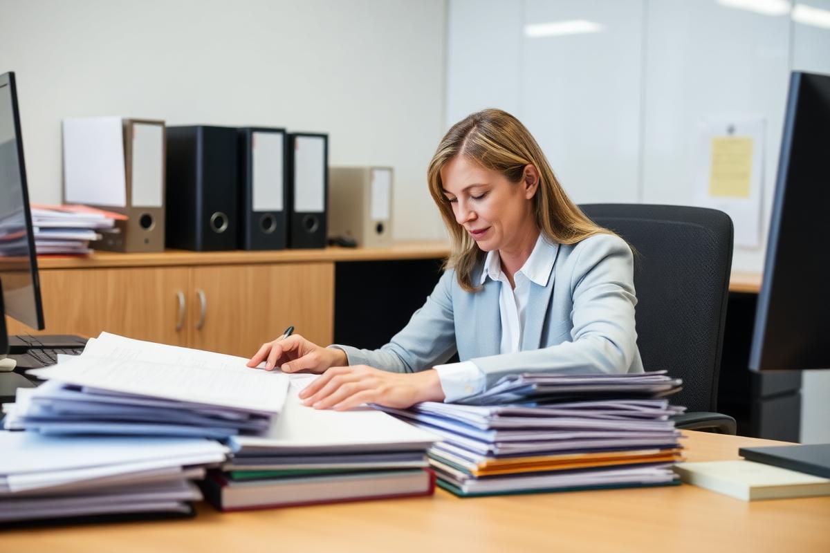 HR professional reviewing employee documents at a desk