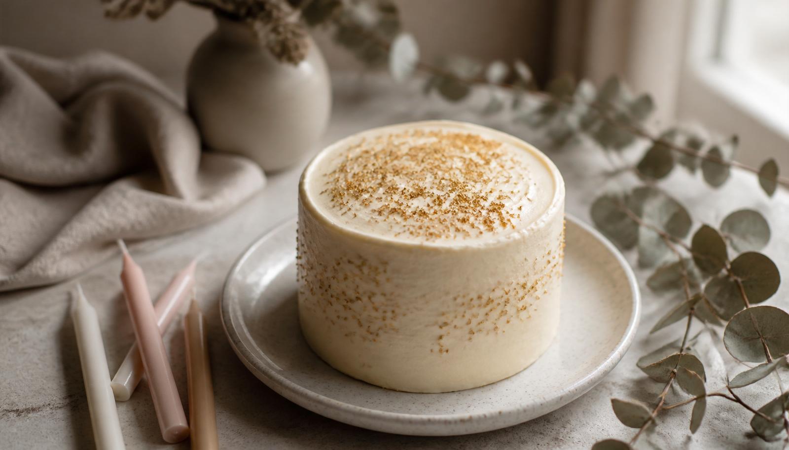 Small round cake with gold sprinkles on a ceramic plate beside unlit candles and dried eucalyptus
