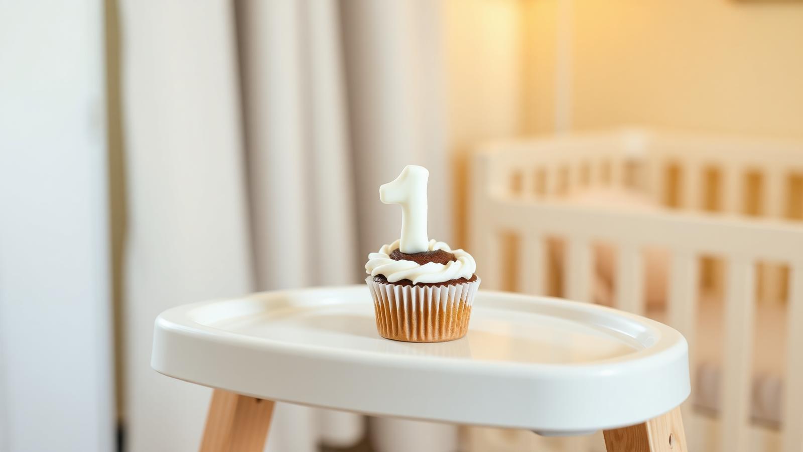 A single cupcake with a numeric one-shaped topper on a wooden high-chair tray in a nursery
