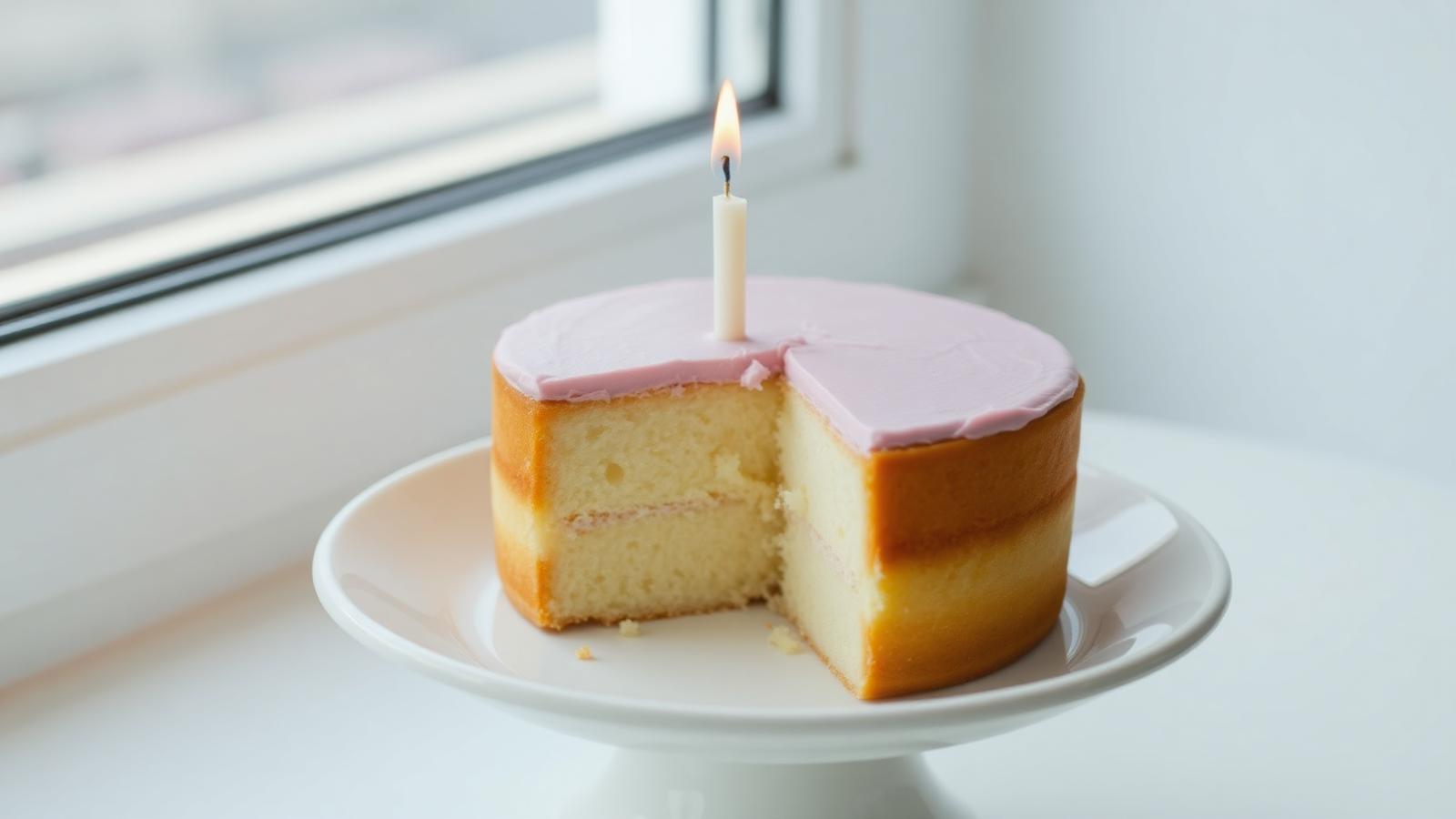 Half of a small round cake with pink frosting and a single lit candle on a white plate