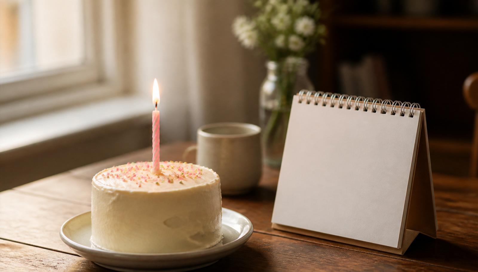 Small birthday cake with a single lit candle next to a blank desk calendar