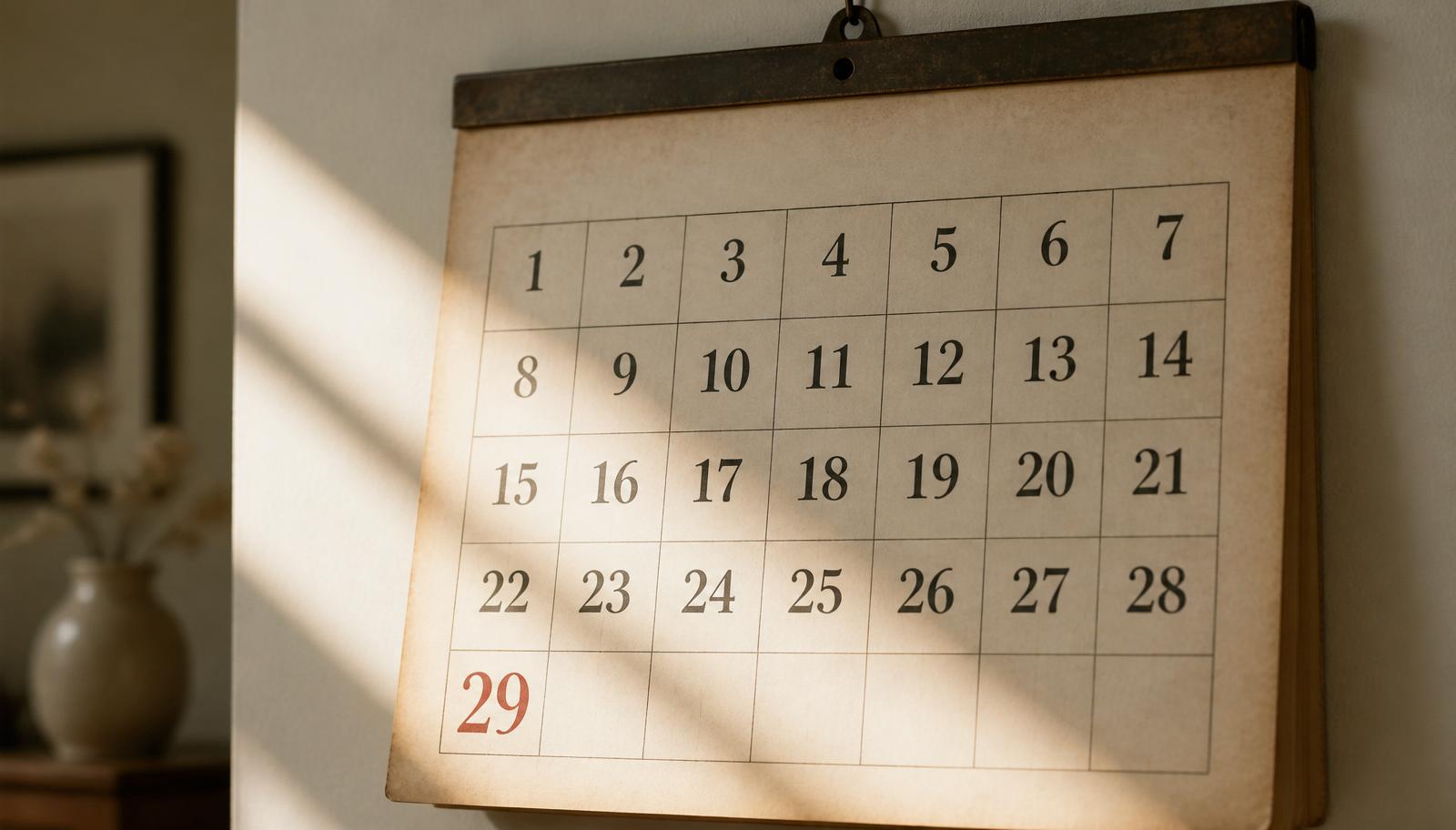Vintage wall calendar page showing February with a highlighted 29