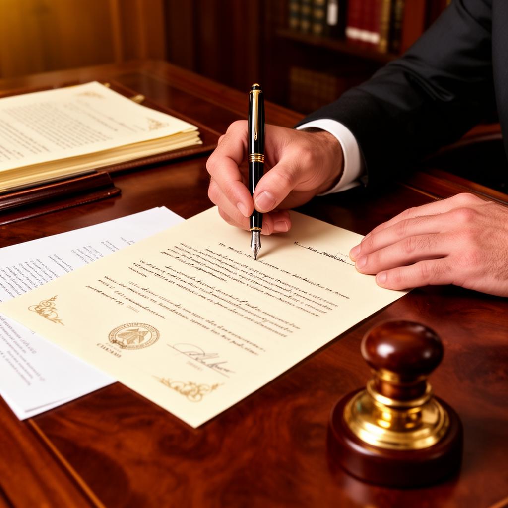 Person signing official documents at a desk