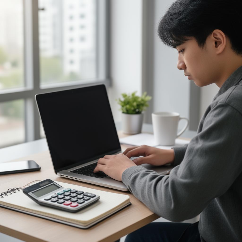 Person using a laptop with a notebook and pen nearby