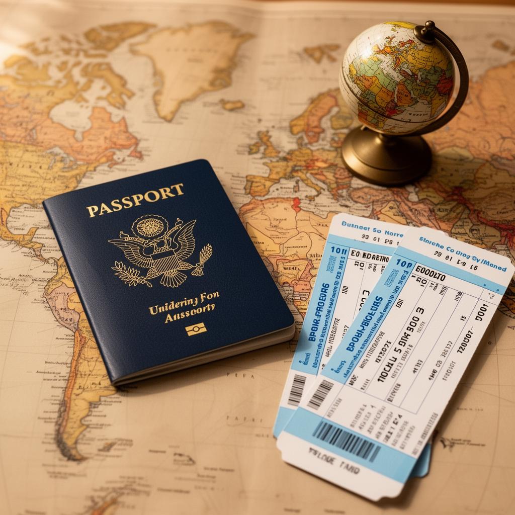 Passport, boarding passes, and a map on a travel planning surface