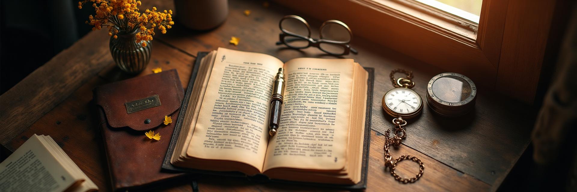 Open book with vintage pocket watch and reading glasses on wooden desk