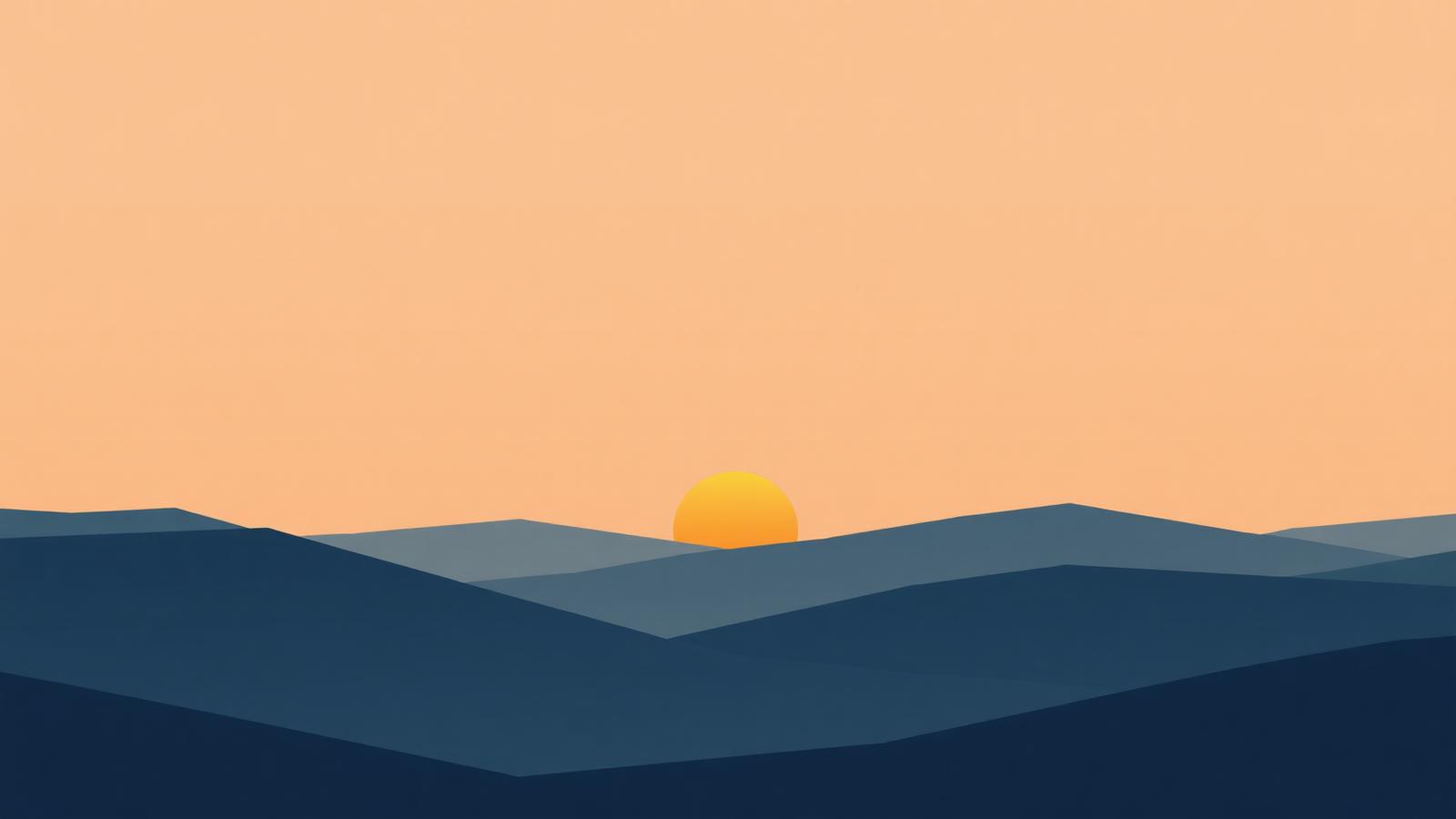 Abstract minimalist illustration of a sun setting over calm geometric hills, representing retirement