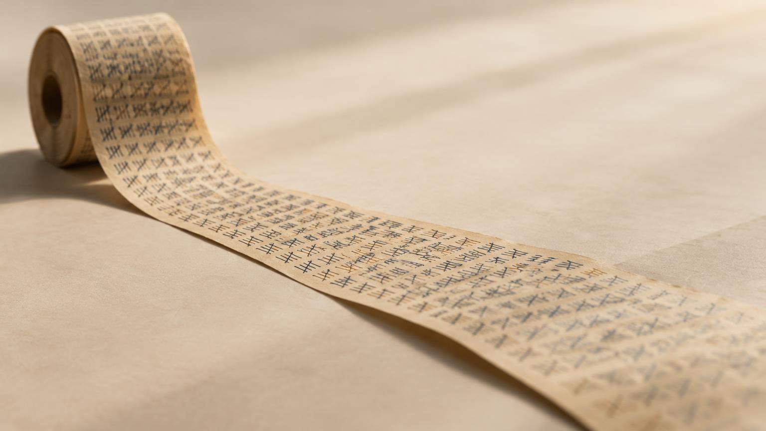 A long paper scroll covered in hand-drawn tally marks unrolling across a desk, evoking thousands of counted days
